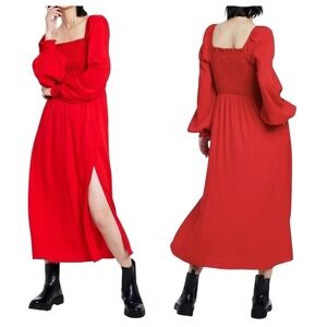 LA LIGNE x Target Red Midi Dress sz L Smocked Long Sleeve Pockets Holiday Boho